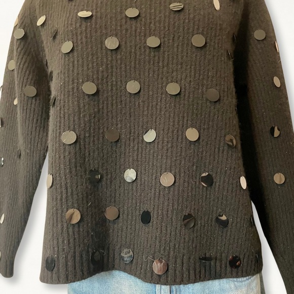 Vintage Michael Simon Black Sequin Paillette Fuzzy Ribbed Knit Crewneck Sweater - Picture 5 of 10